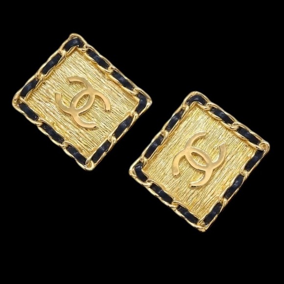 CHANEL Vintage Gold Plated Black Leather Braided Square Earrings